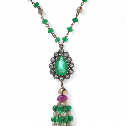 Emerald Ruby Pearl and Diamond Tassel Bead Pendant Drop Necklace