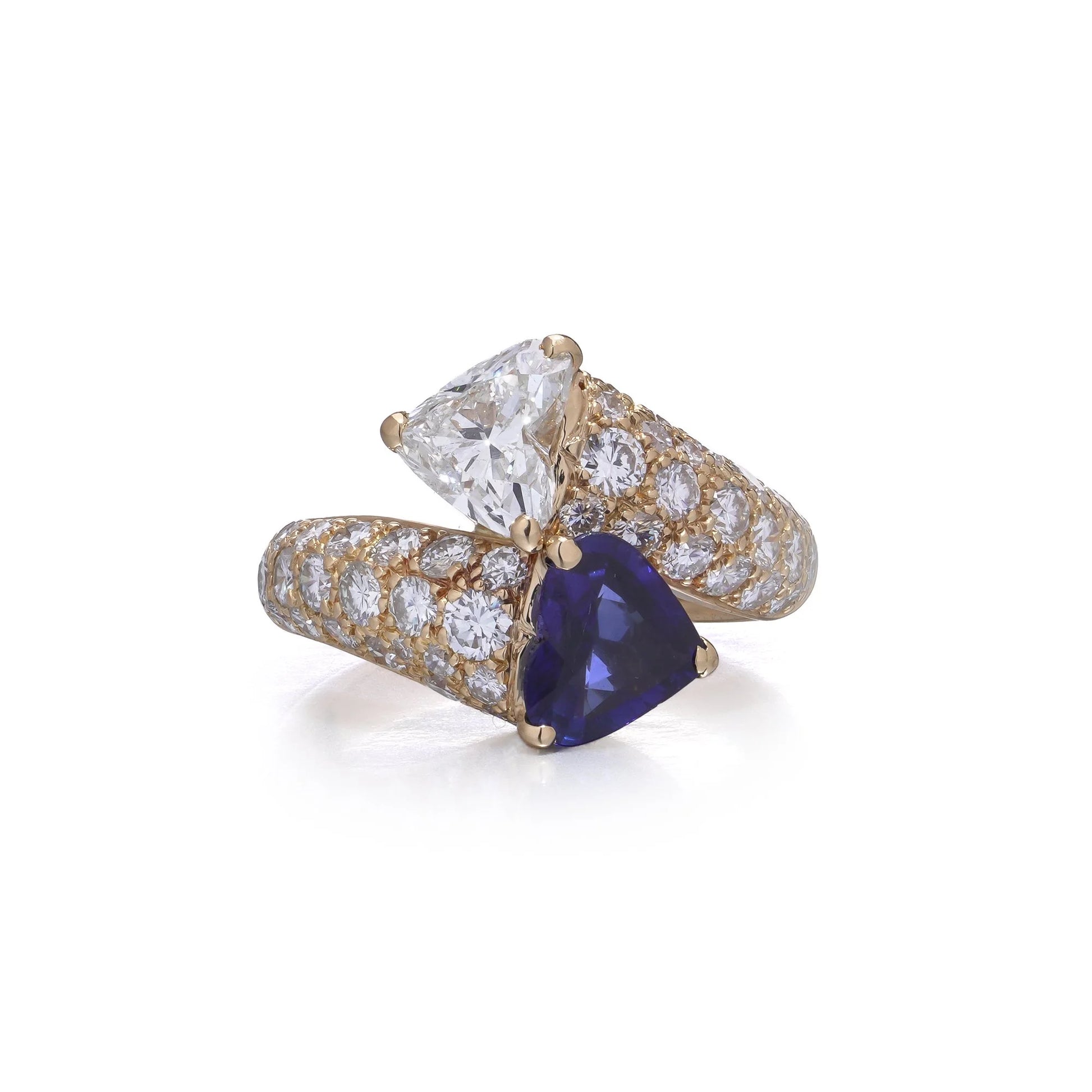 Heart Cut Sapphire and Diamond Toi et Moi Crossover Ring in 18ct Yellow Gold