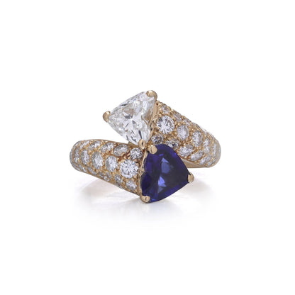 Heart Cut Sapphire and Diamond Toi et Moi Crossover Ring in 18ct Yellow Gold