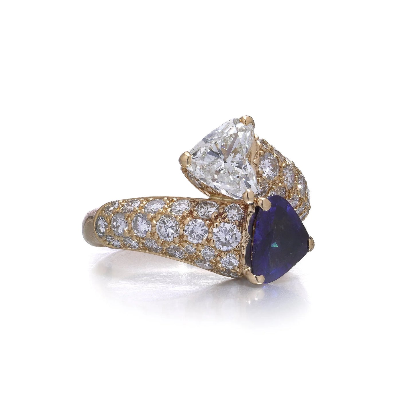 Heart Cut Sapphire and Diamond Toi et Moi Crossover Ring in 18ct Yellow Gold