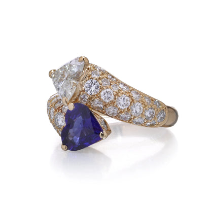 Heart Cut Sapphire and Diamond Toi et Moi Crossover Ring in 18ct Yellow Gold