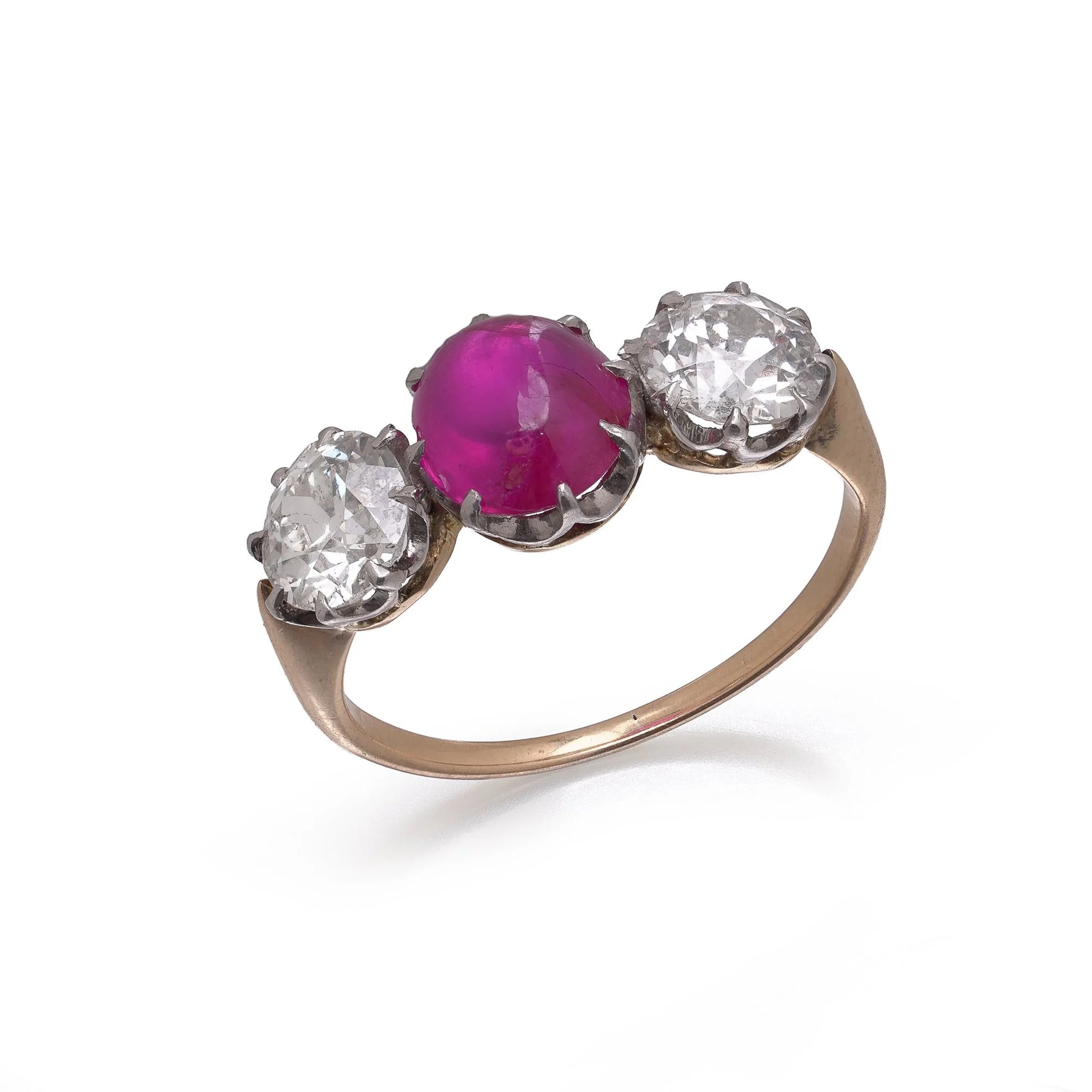 15kt Gold and Platinum Three-Stone Diamond and Natural Ruby Ring