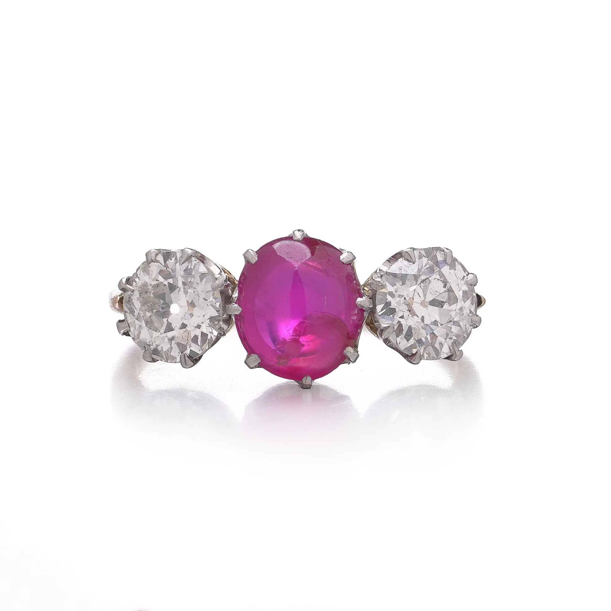 15kt Gold and Platinum Three-Stone Diamond and Natural Ruby Ring