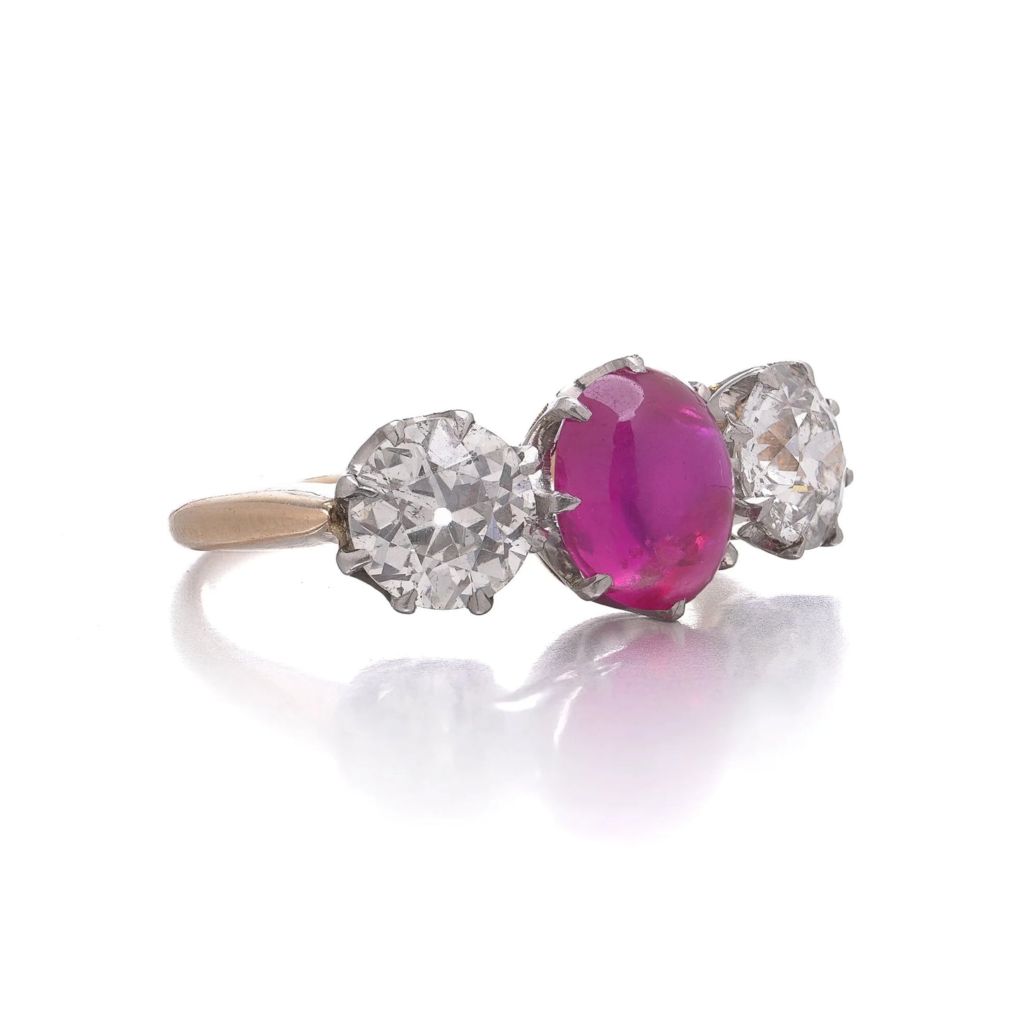 15kt Gold and Platinum Three-Stone Diamond and Natural Ruby Ring