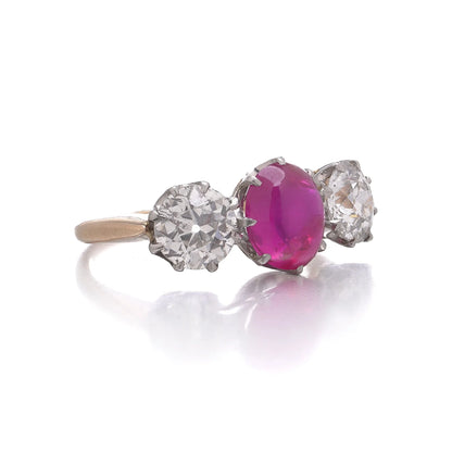 15kt Gold and Platinum Three-Stone Diamond and Natural Ruby Ring