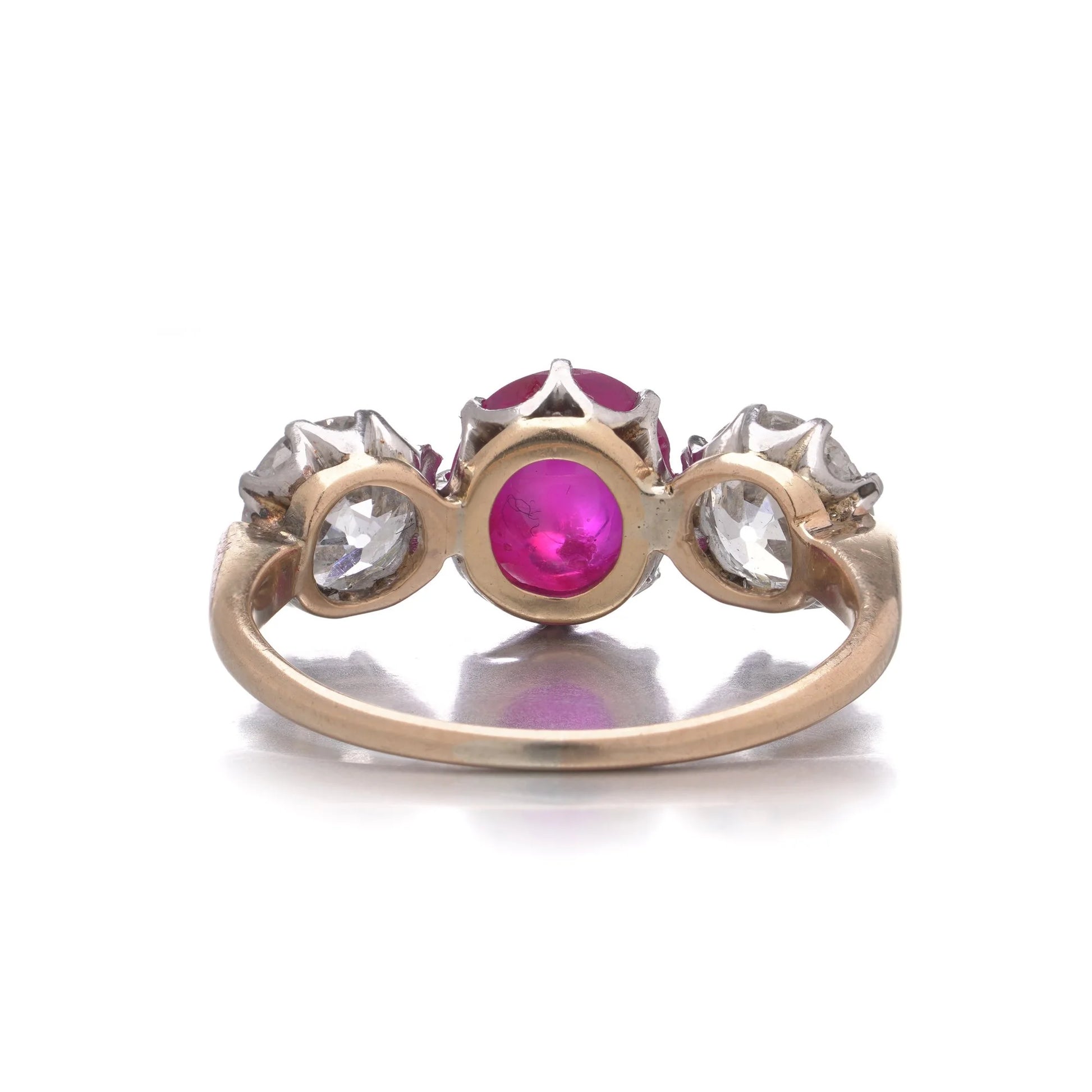 15kt Gold and Platinum Three-Stone Diamond and Natural Ruby Ring
