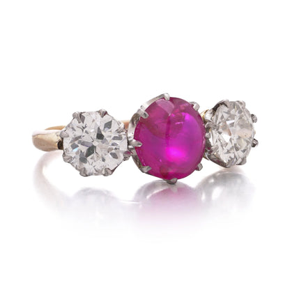 15kt Gold and Platinum Three-Stone Diamond and Natural Ruby Ring