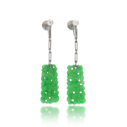 18kt Gold Drop Earrings with Carved Jade and Pearls, Circa 1930–1950s