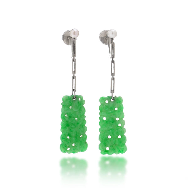 18kt Gold Drop Earrings with Carved Jade and Pearls, Circa 1930–1950s