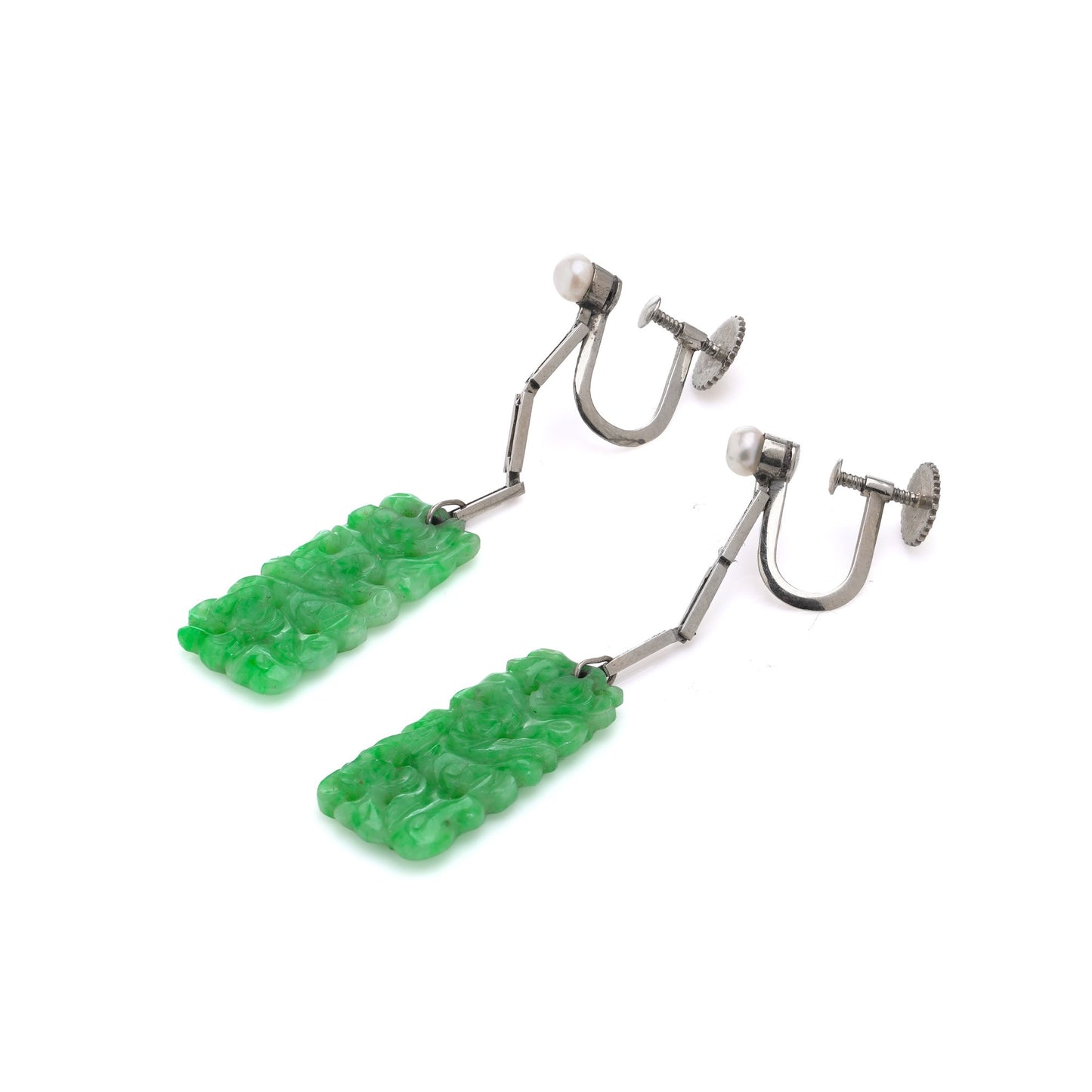 18kt Gold Drop Earrings with Carved Jade and Pearls, Circa 1930–1950s