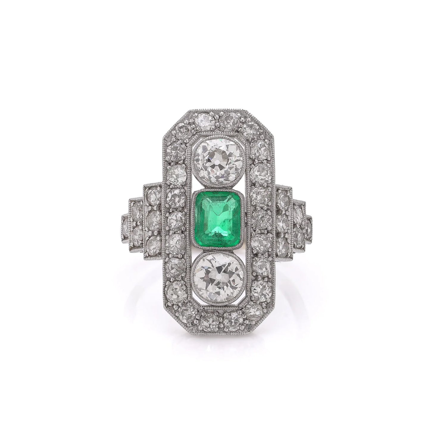 Art Deco Platinum And 18 Carat Gold Ring With Colombian Emerald And Old Cut Diamonds