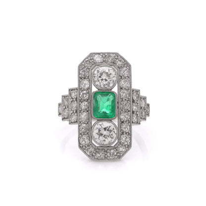 Art Deco Platinum And 18 Carat Gold Ring With Colombian Emerald And Old Cut Diamonds