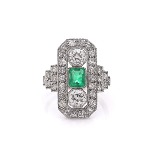 Art Deco Platinum And 18 Carat Gold Ring With Colombian Emerald And Old Cut Diamonds