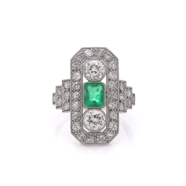 Art Deco Platinum And 18 Carat Gold Ring With Colombian Emerald And Old Cut Diamonds
