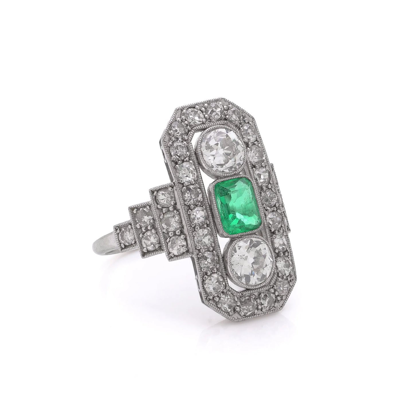 Art Deco Platinum And 18 Carat Gold Ring With Colombian Emerald And Old Cut Diamonds