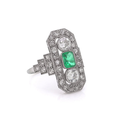 Art Deco Platinum And 18 Carat Gold Ring With Colombian Emerald And Old Cut Diamonds
