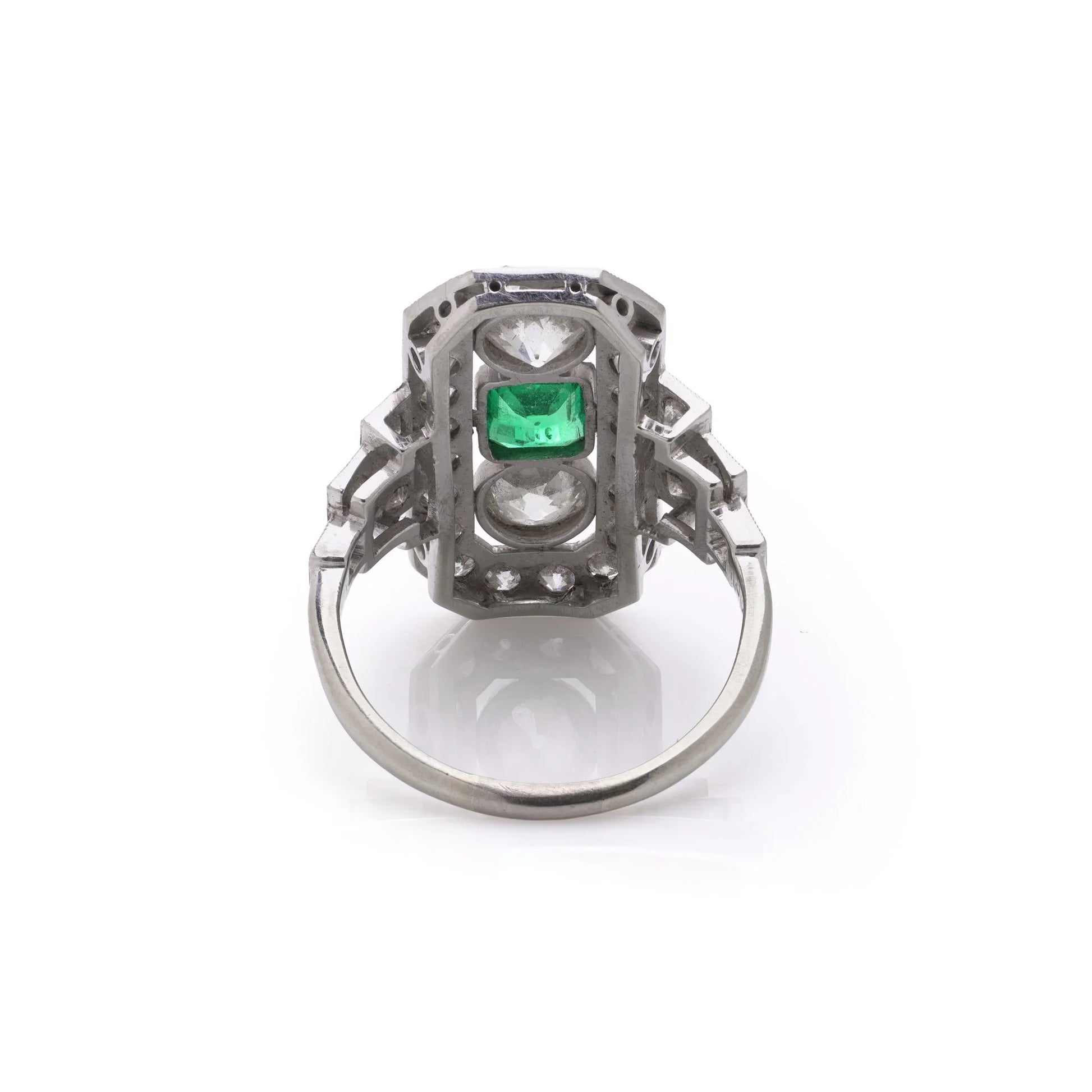 Art Deco Platinum And 18 Carat Gold Ring With Colombian Emerald And Old Cut Diamonds