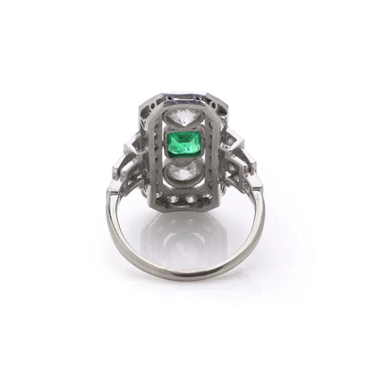 Art Deco Platinum And 18 Carat Gold Ring With Colombian Emerald And Old Cut Diamonds