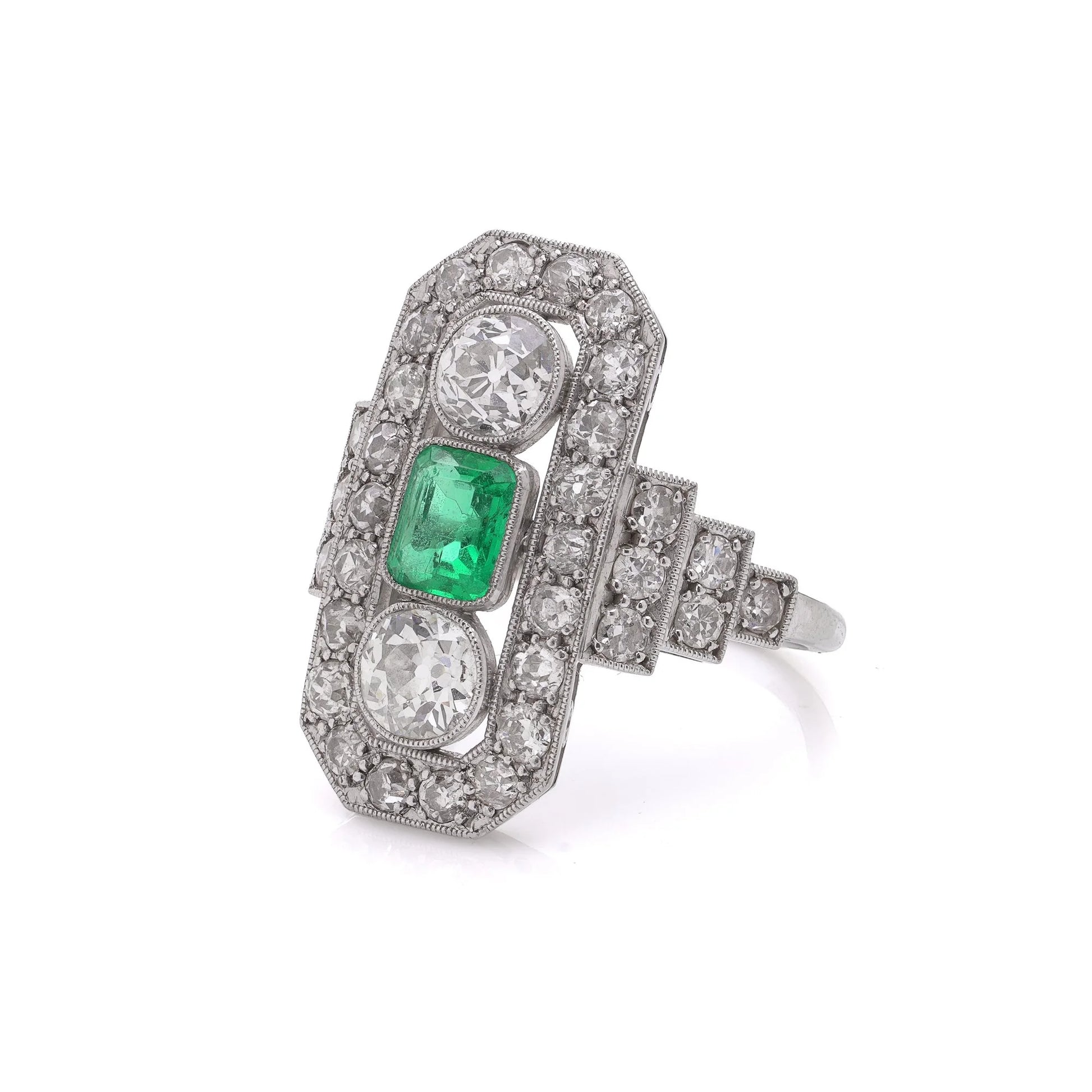 Art Deco Platinum And 18 Carat Gold Ring With Colombian Emerald And Old Cut Diamonds