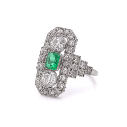 Art Deco Platinum And 18 Carat Gold Ring With Colombian Emerald And Old Cut Diamonds