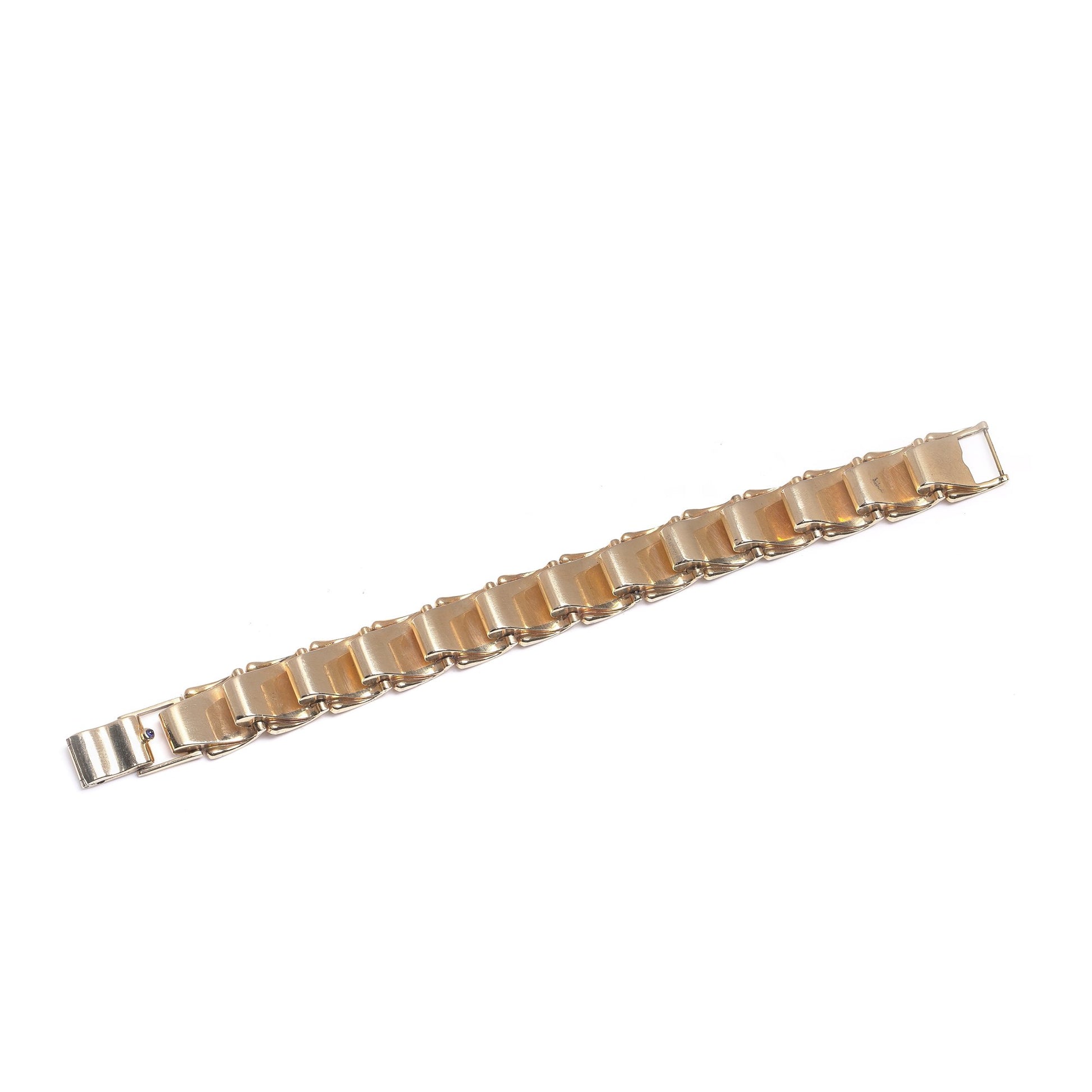 A yellow gold link bracelet with clasp, on a white background