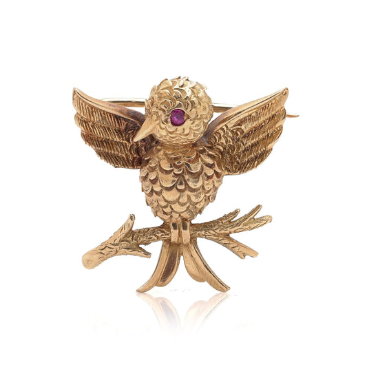 Boucheron Paris 18ct Gold Bird Brooch with Ruby Eye, Circa 1920s