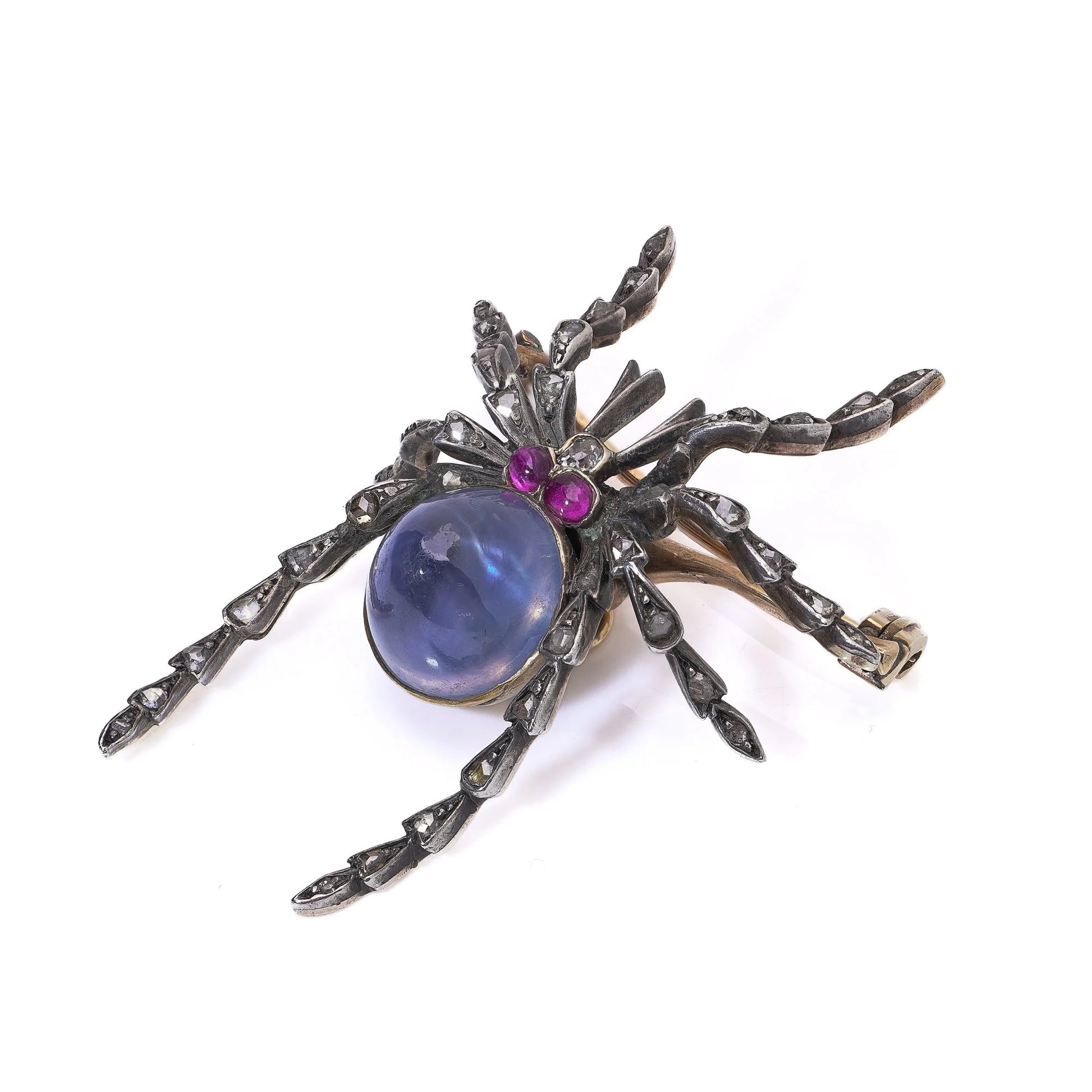 A spider brooch with a sapphire and ruby body and diamond legs, in silver and gold, on a white background