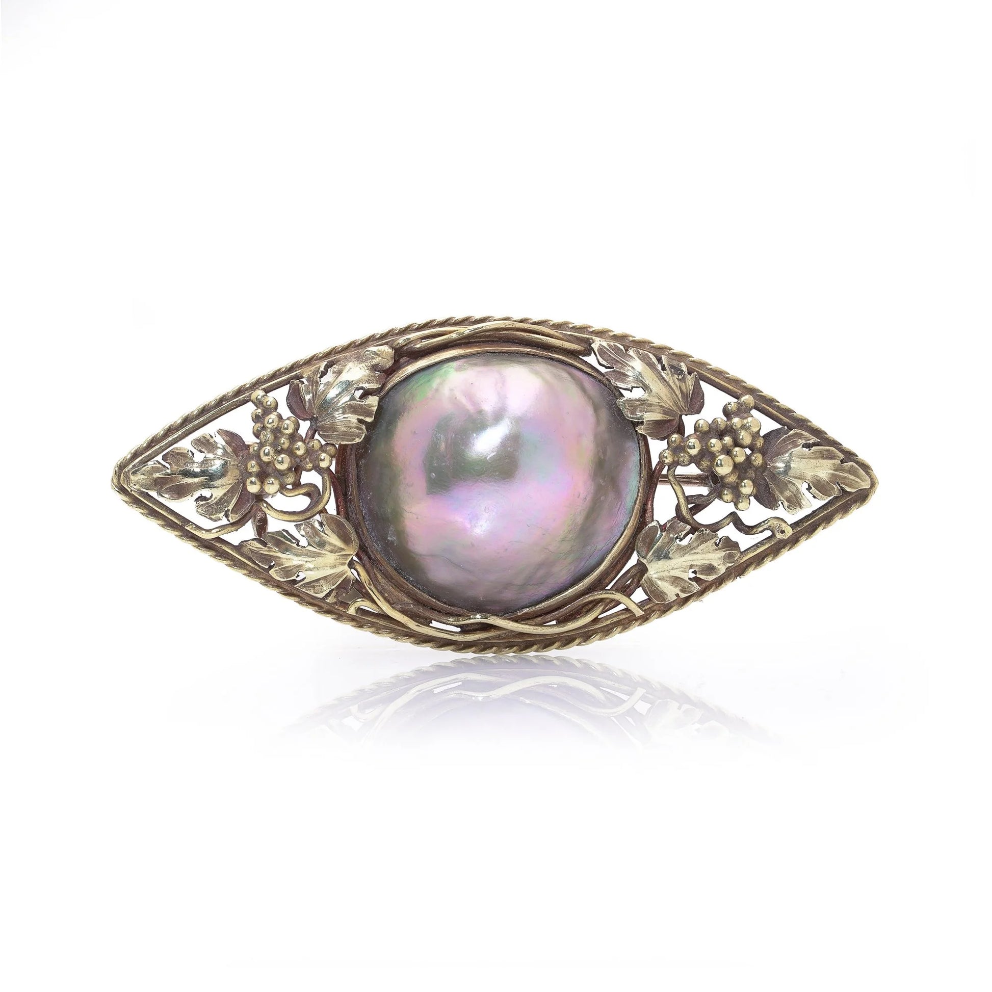 Art Nouveau Tahitian Pearl and Gold Navette Shaped Brooch, Circa 1910