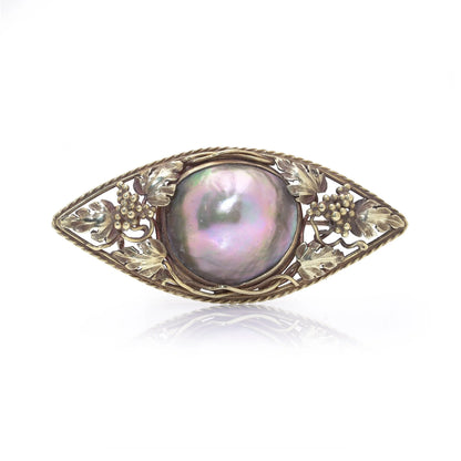 Art Nouveau Tahitian Pearl and Gold Navette Shaped Brooch, Circa 1910