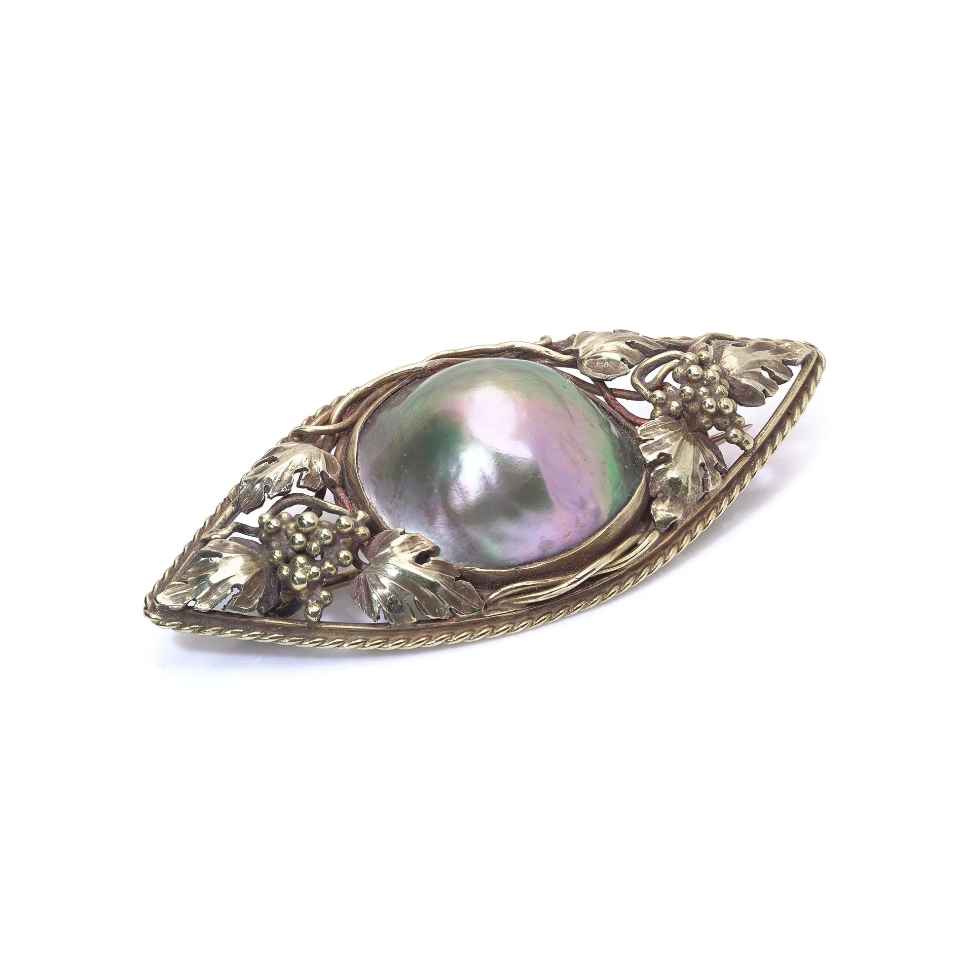 Art Nouveau Tahitian Pearl and Gold Navette Shaped Brooch, Circa 1910