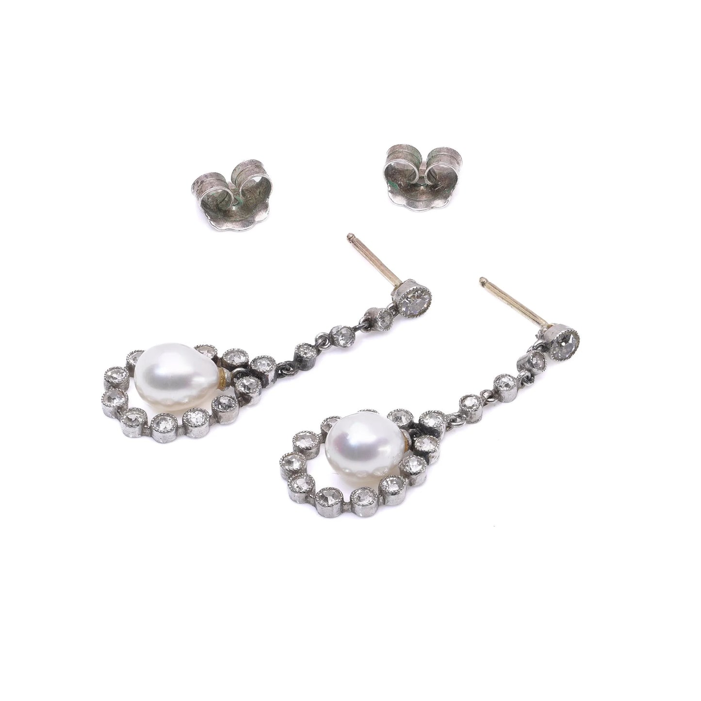 Art Deco Platinum Drop Earrings with Natural Pearls & Old Cut Diamonds, c.1920s