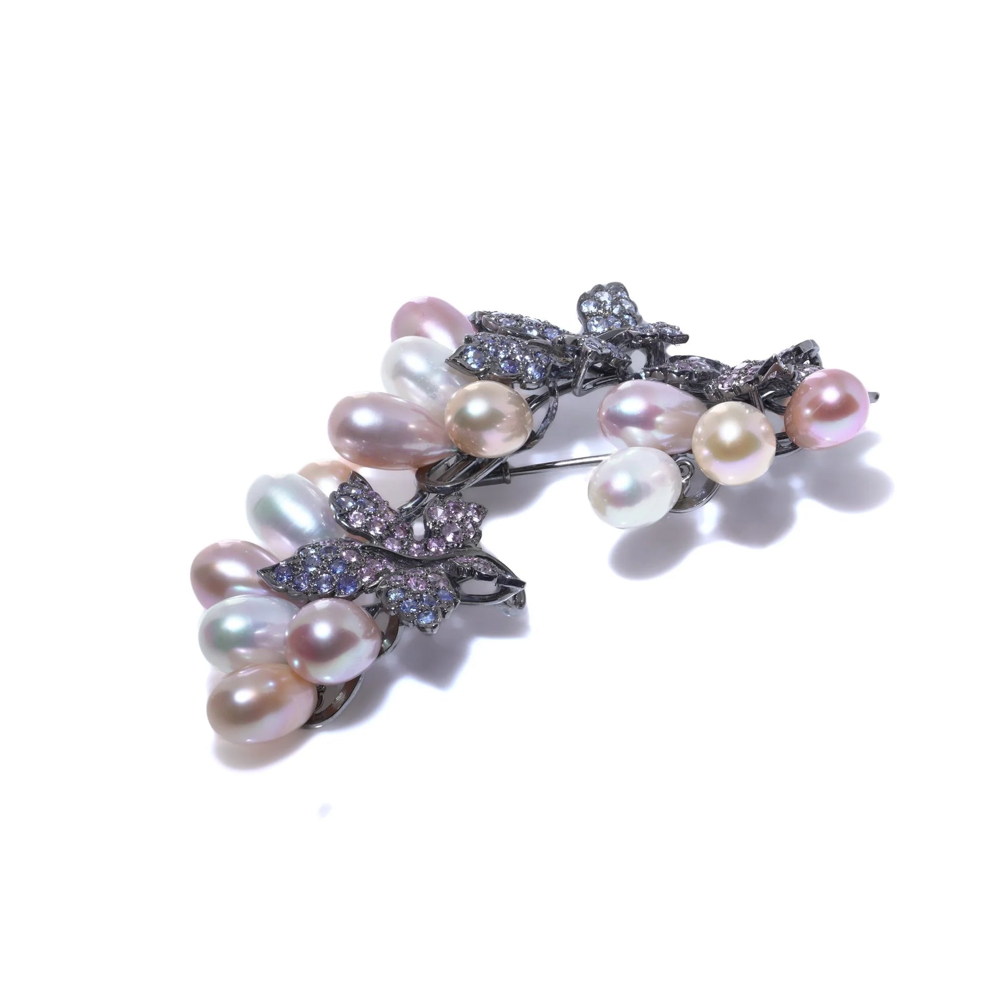 Mixed Cultured Pearl with Blue and Pink Sapphire Brooch