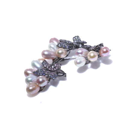 Mixed Cultured Pearl with Blue and Pink Sapphire Brooch