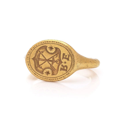 17th Century 21kt Gold Engraved Signet Ring with Anchor and Guild Crest
