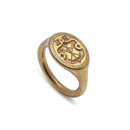 17th Century 21kt Gold Engraved Signet Ring with Anchor and Guild Crest