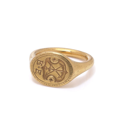 17th Century 21kt Gold Engraved Signet Ring with Anchor and Guild Crest
