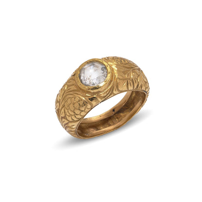 Late 19th Century Antique 23ct Gold Engraved Ring with Solitaire Rose Cut Diamond