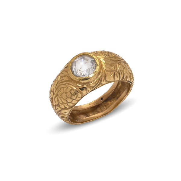 Late 19th Century Antique 23ct Gold Engraved Ring with Solitaire Rose Cut Diamond