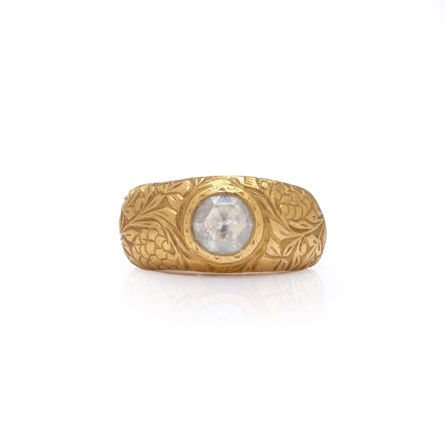 Late 19th Century Antique 23ct Gold Engraved Ring with Solitaire Rose Cut Diamond