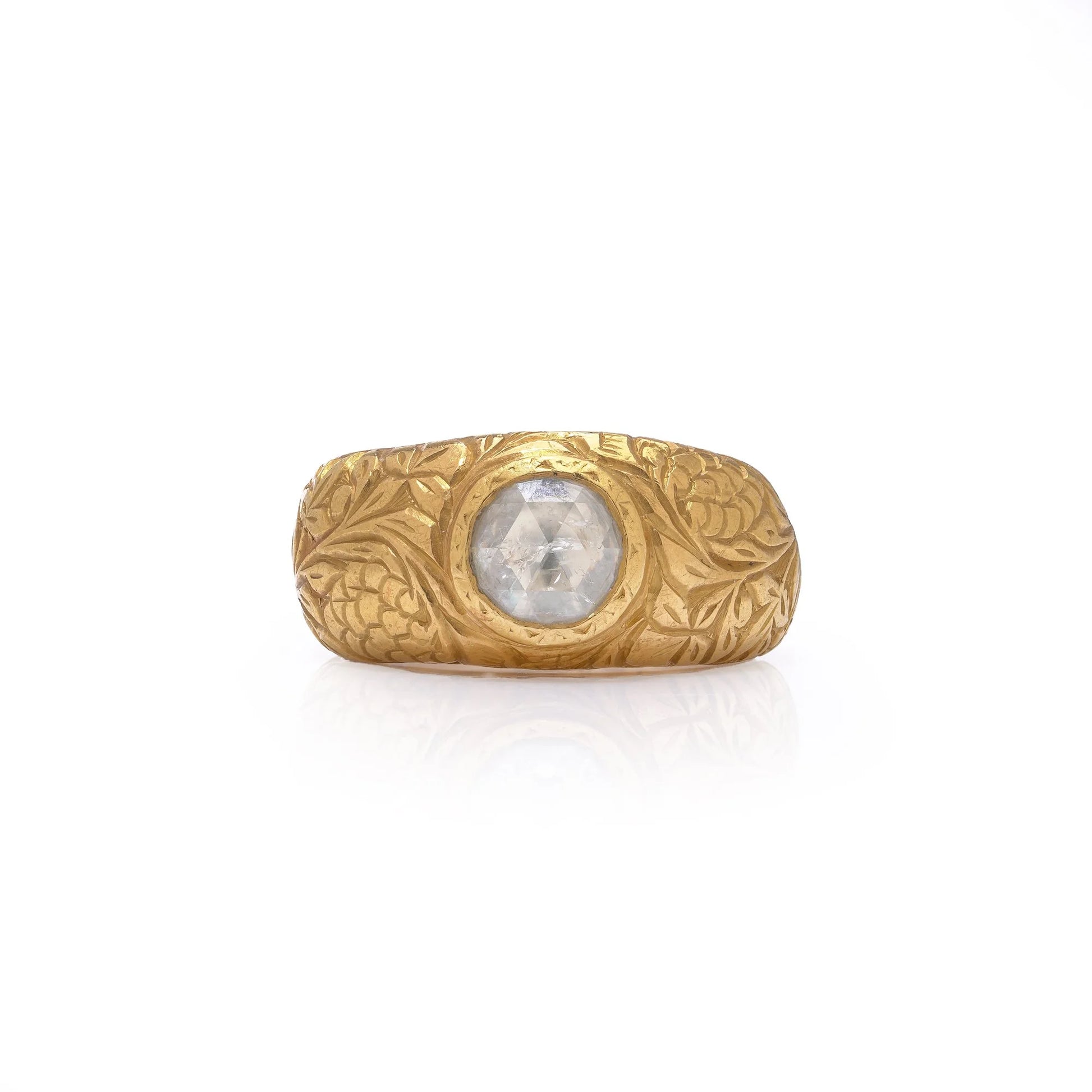 Late 19th Century Antique 23ct Gold Engraved Ring with Solitaire Rose Cut Diamond