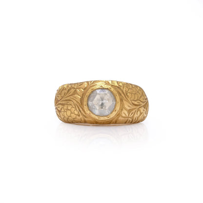 Late 19th Century Antique 23ct Gold Engraved Ring with Solitaire Rose Cut Diamond