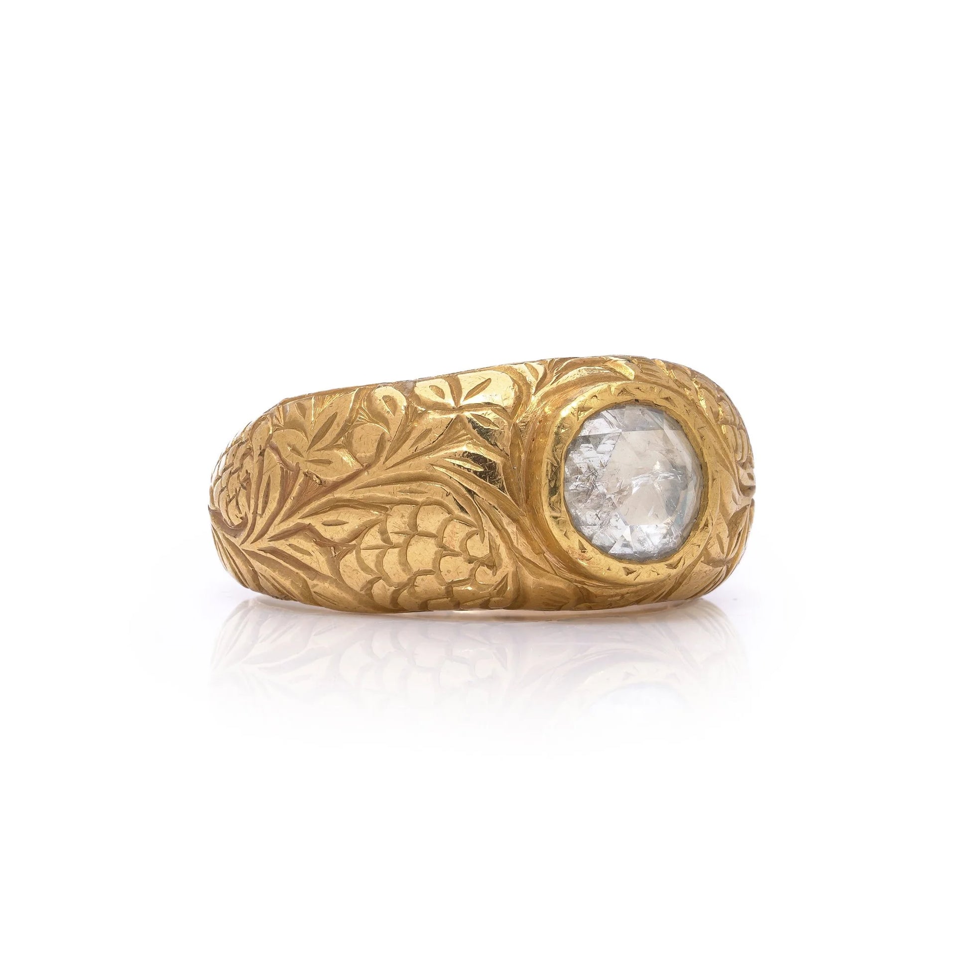 Late 19th Century Antique 23ct Gold Engraved Ring with Solitaire Rose Cut Diamond