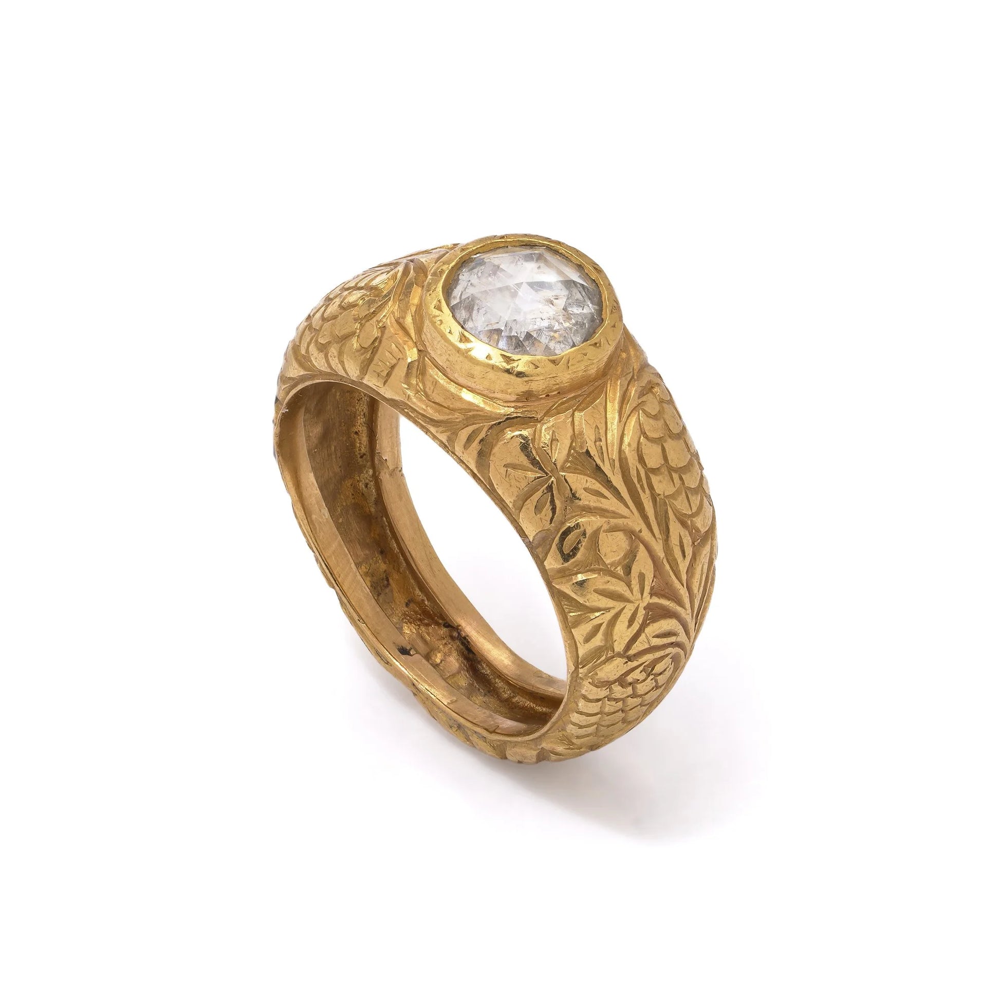 Late 19th Century Antique 23ct Gold Engraved Ring with Solitaire Rose Cut Diamond