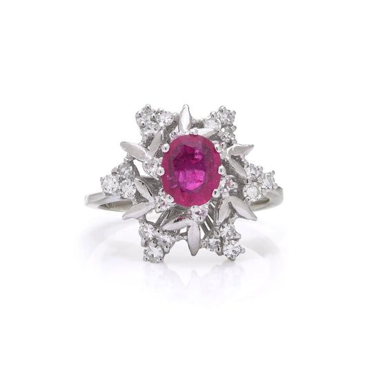 Vintage 1ct Ruby and Diamond Cluster Engagement Ring