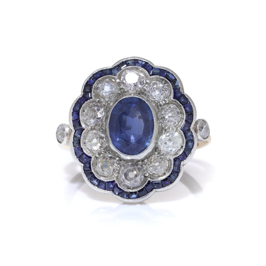 Sapphire and diamond Art Deco Old cut cluster engagement ring 