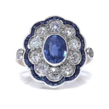 Art Deco Sapphire and Diamond Cluster Engagement Ring,Oval shape 1920s