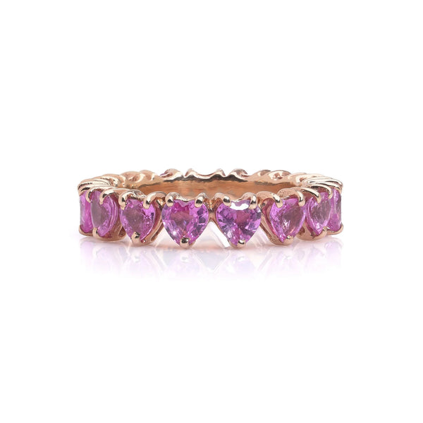 2.25ct Heart Cut Pink Sapphire Full Eternity Band Ring in 18ct Yellow Gold