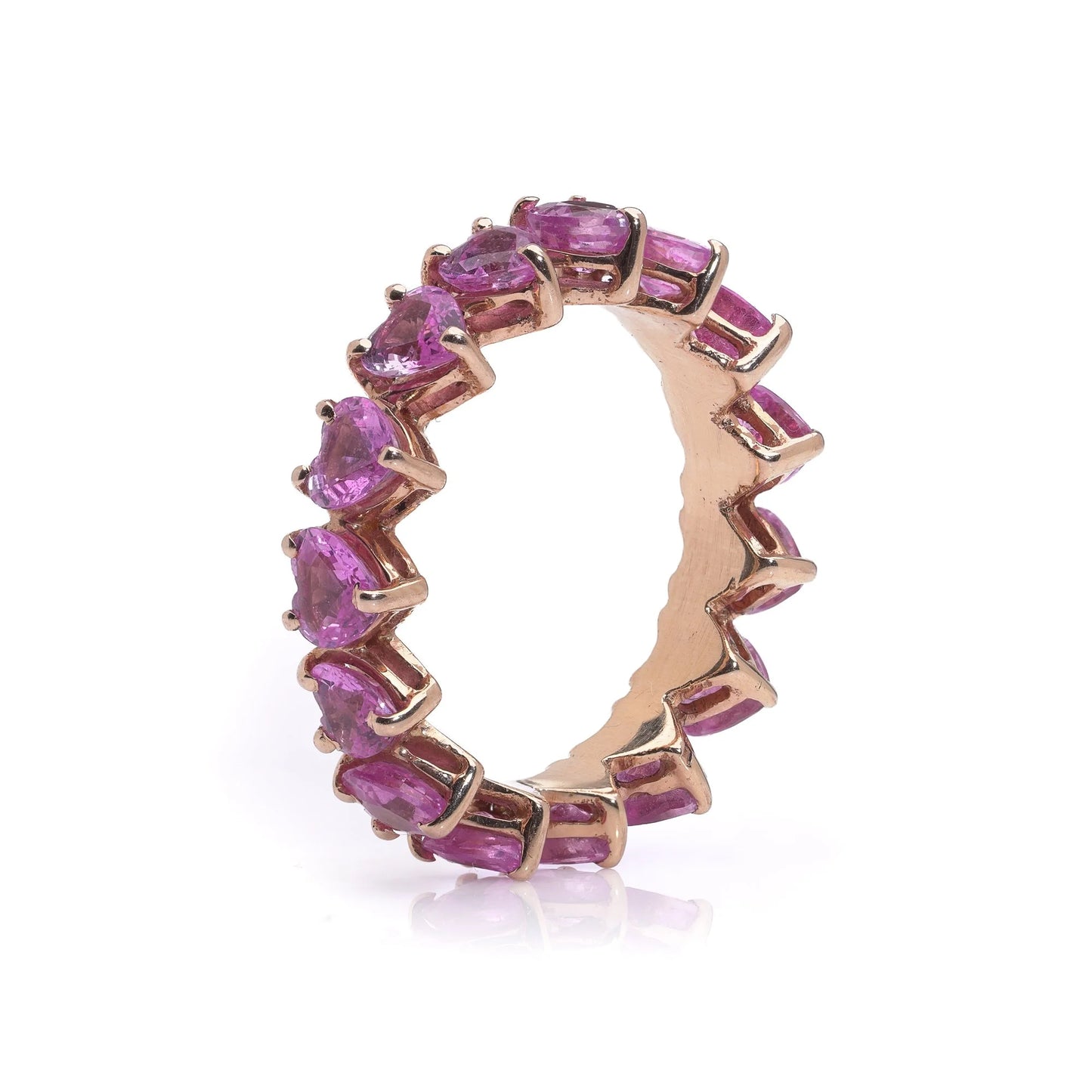 2.25ct Heart Cut Pink Sapphire Full Eternity Band Ring in 18ct Yellow Gold