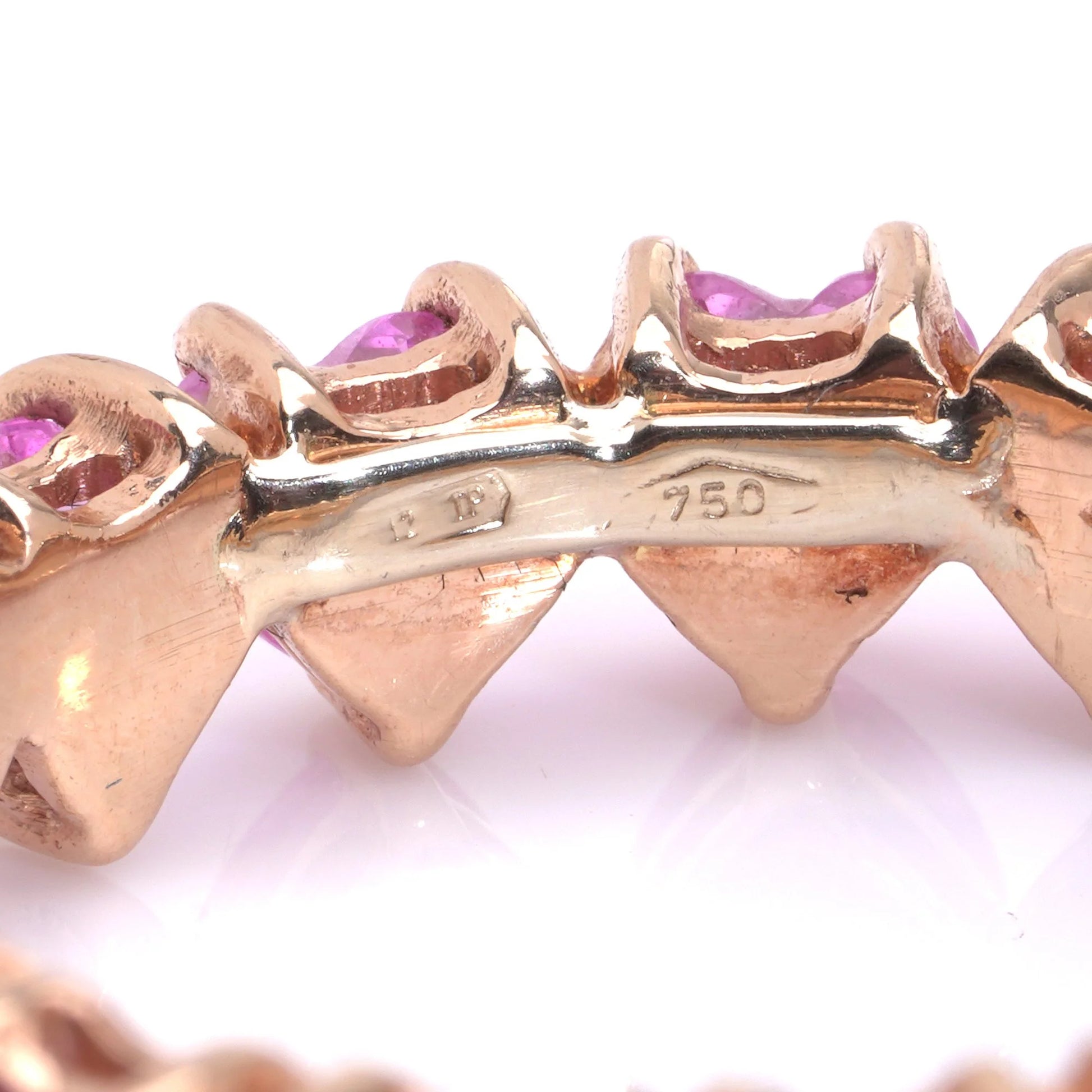 2.25ct Heart Cut Pink Sapphire Full Eternity Band Ring in 18ct Yellow Gold