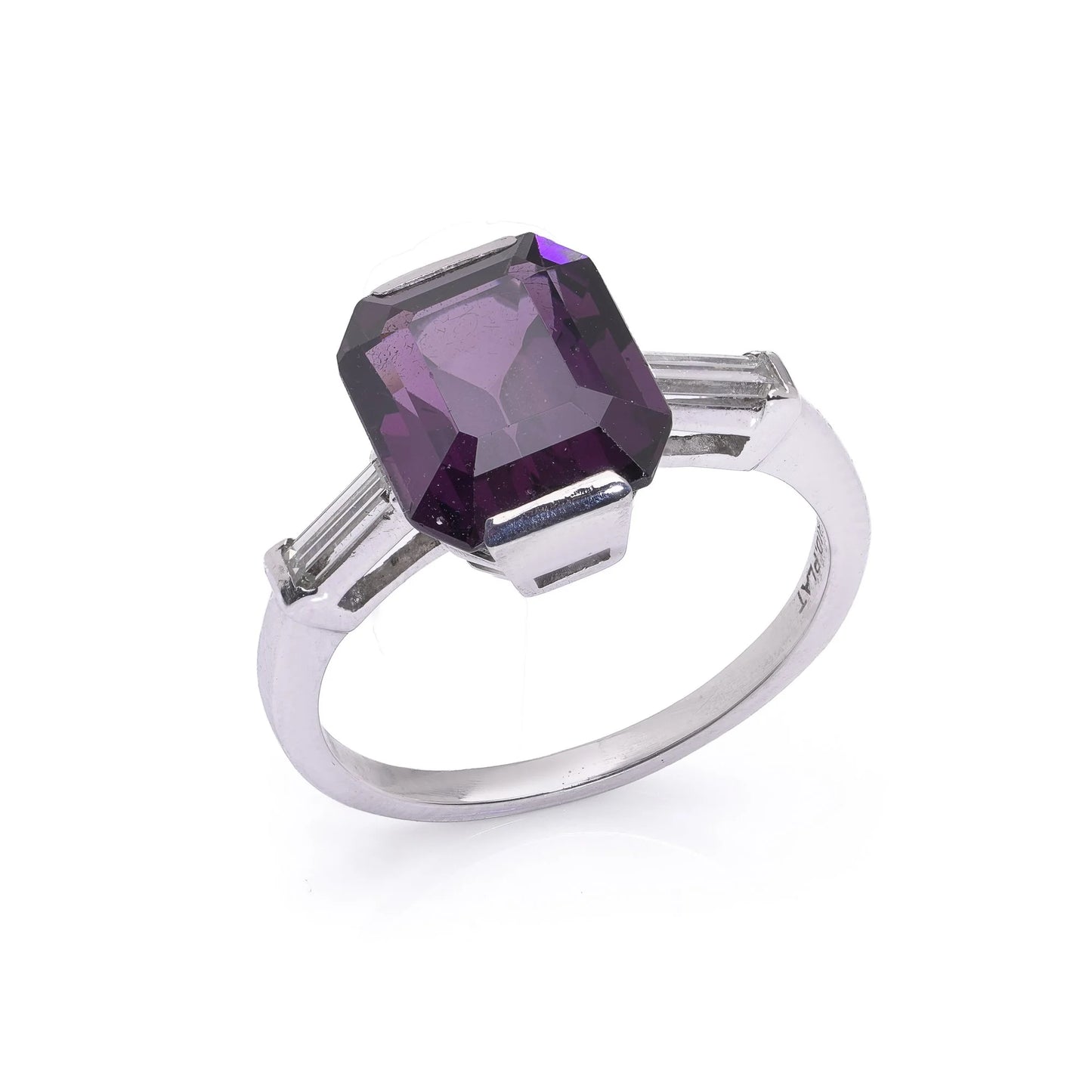6ct Purple Spinel and Baguette Diamond Engagement Ring in Platinum